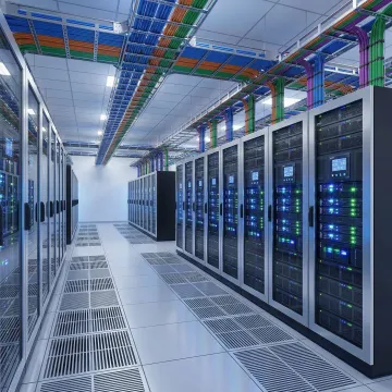 Enterprise IT infrastructure with redundant power and cooling systems in modern data center