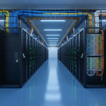 Modern carrier-neutral data center facility with server racks and fiber cross-connects