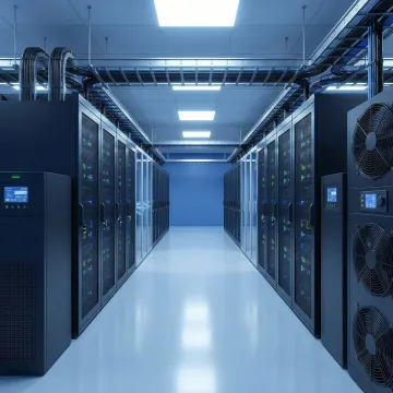 Modern data center facility with rows of server racks and secure infrastructure