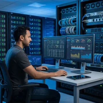 IT professional monitoring server infrastructure in a modern colocation data center environment