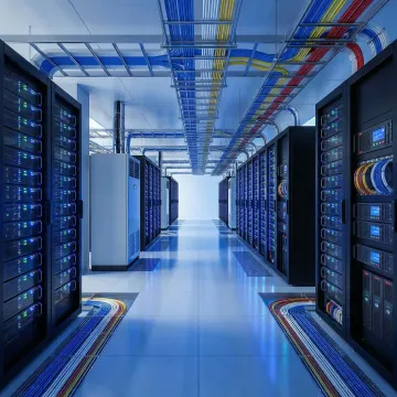 Modern carrier neutral data center facility with multiple server racks and structured cabling in New York State