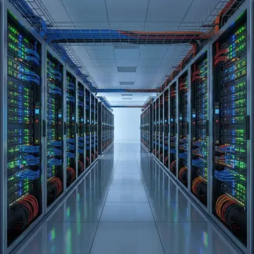 Modern Tier III data center server racks with LED indicators and structured cabling in Georgia colocation facility