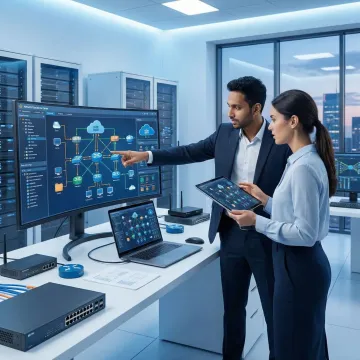 Enterprise network infrastructure consultation session showing network diagrams and connectivity planning