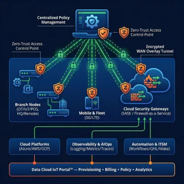 Enterprise network diagram showing SD-WAN security architecture with multiple encrypted tunnels and access controls