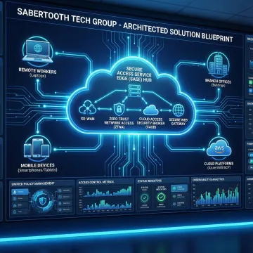 Modern distributed enterprise network with SASE architecture securing remote workers and cloud applications