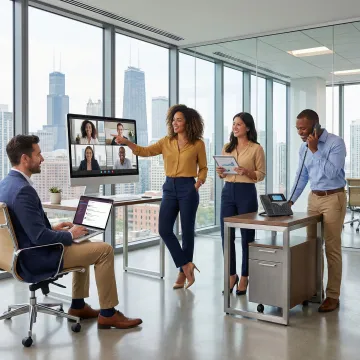 Modern Chicago business team collaborating via cloud-based unified communications platform