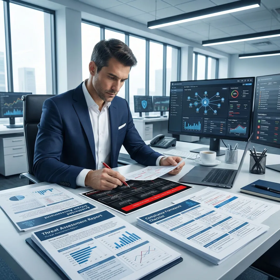 IT security consultant reviewing enterprise network architecture with security diagrams and compliance frameworks