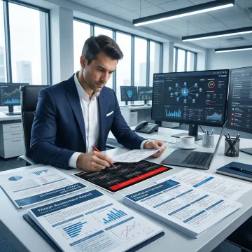 IT security consultant reviewing enterprise network architecture with security diagrams and compliance frameworks