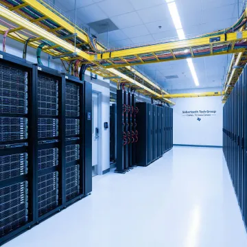 Enterprise colocation facility with server racks and fiber optic connectivity in Texas data center