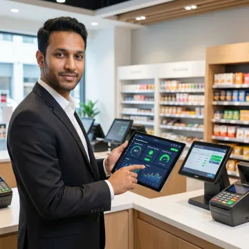Retail manager reviewing network analytics dashboard on tablet in modern store