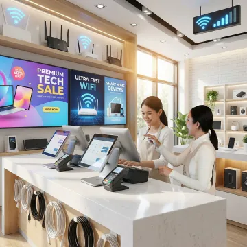 Modern retail store interior with advanced network infrastructure and connected POS systems