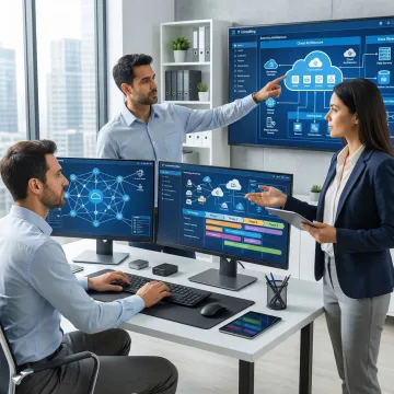 Enterprise IT consulting team analyzing business technology infrastructure and digital transformation strategy