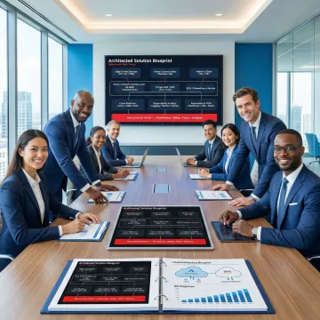 IT consultant presenting technology infrastructure roadmap and cost analysis to enterprise business leaders