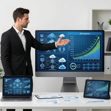 Technology advisor presenting IT infrastructure roadmap with cost optimization analysis to enterprise leadership team
