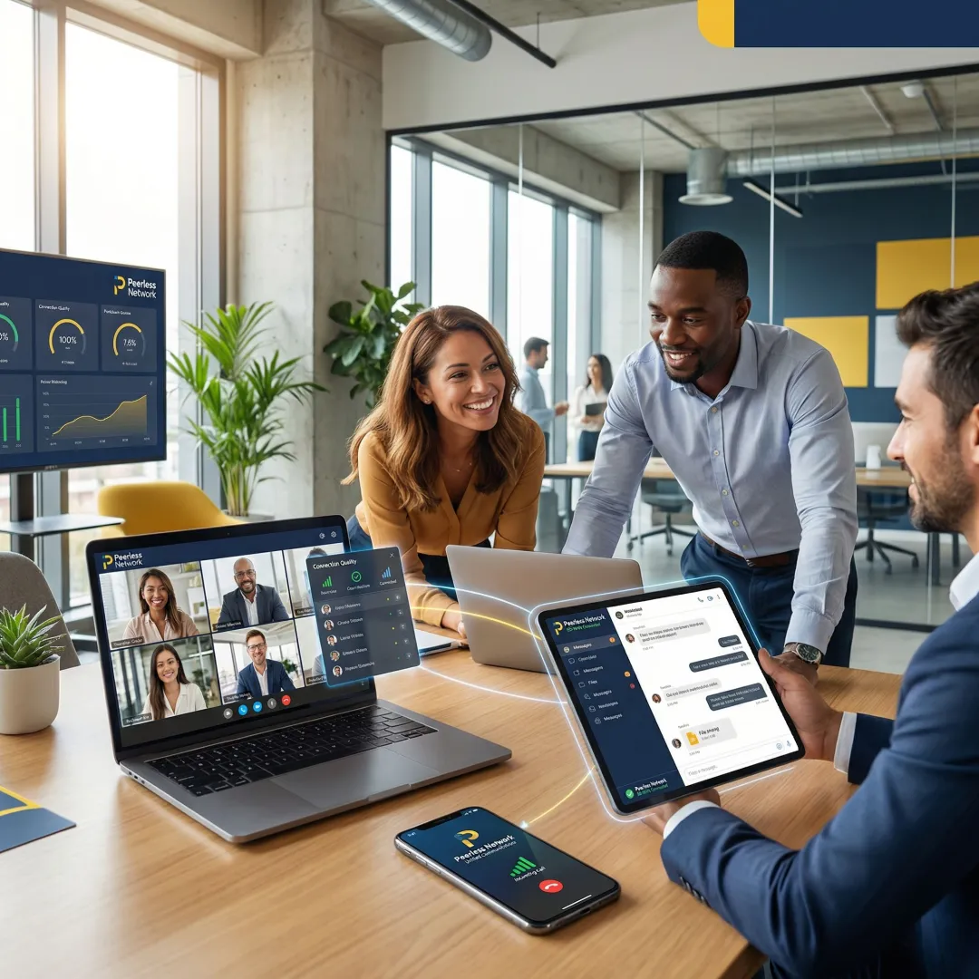 Enterprise team collaborating via unified communications platform on multiple devices