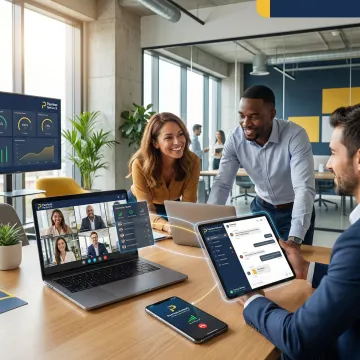 Enterprise team collaborating via unified communications platform on multiple devices