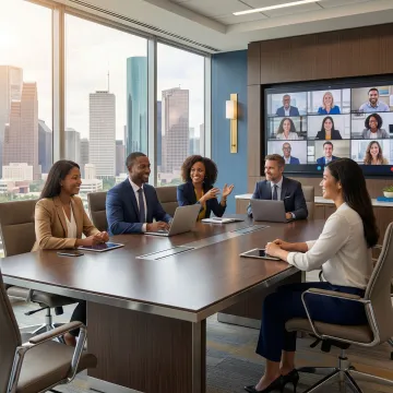 Houston enterprise team collaborating via cloud UCaaS platform on multiple devices