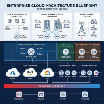 Enterprise IT infrastructure diagram showing cloud connectivity and network security architecture