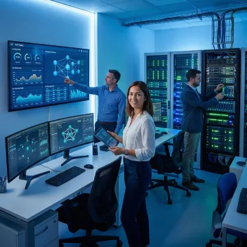 Technical team configuring IoT network infrastructure with multiple wireless carriers and monitoring systems