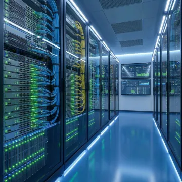 Modern enterprise network infrastructure server room with organized cabling and networking equipment