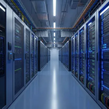 Data center aisle with organized server racks and cooling infrastructure