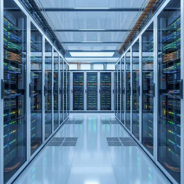 Secure server racks in enterprise colocation data center with redundant power and cooling systems