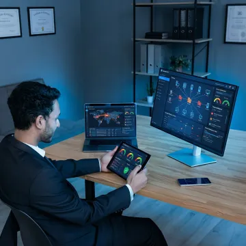 Security analyst reviewing threat detection dashboard with real-time monitoring