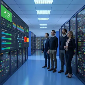 IT professionals monitoring disaster recovery systems in a secure data center