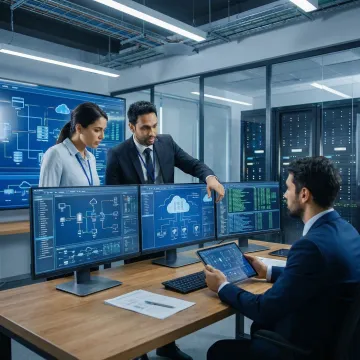 IT consulting team reviewing enterprise network infrastructure and technology roadmap