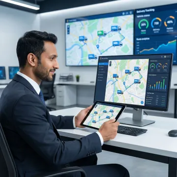 Fleet manager reviewing GPS tracking data and analytics on tablet device