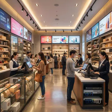 Modern retail store interior with integrated POS systems and secure Wi-Fi network infrastructure
