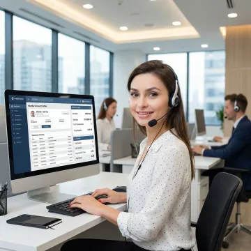 Credit union customer service representative using digital contact center platform with headset