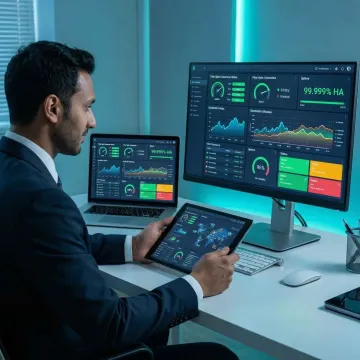 Network engineer monitoring fiber optic infrastructure dashboard showing real-time performance metrics