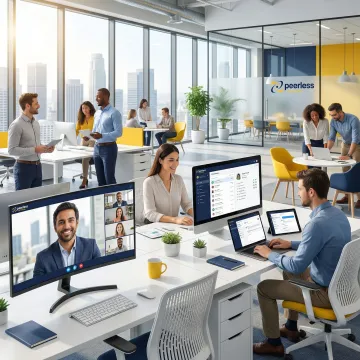 Business team collaborating using unified communications platform with voice, video, and messaging