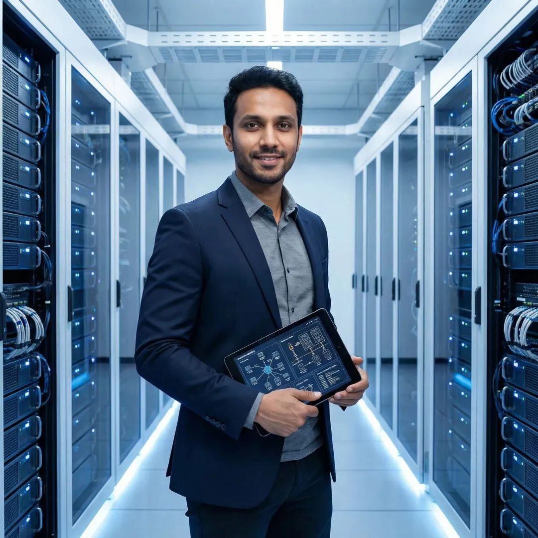 IT professional reviewing managed colocation infrastructure specifications on tablet