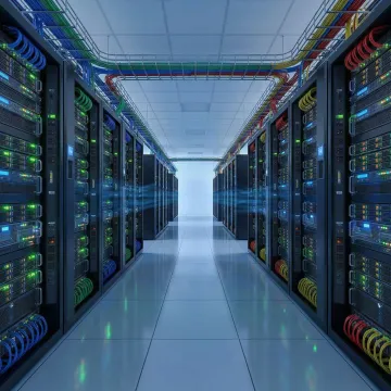 Modern enterprise data center server racks with organized cabling and redundant power infrastructure