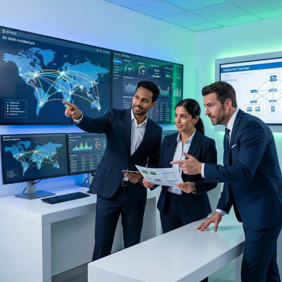 IT team planning SD-WAN deployment with network topology diagrams