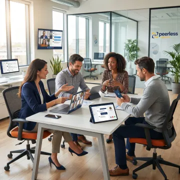 Modern business professional using cloud-based phone system on multiple devices