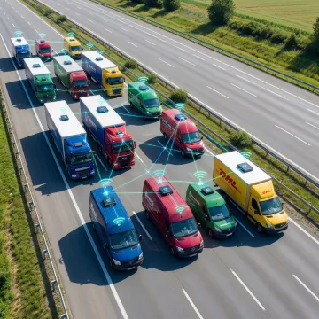 Commercial fleet trucks equipped with telematics devices on highway