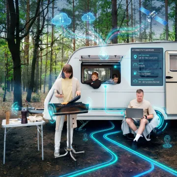 Commercial truck with GPS tracking and telematics dashboard showing real-time fleet monitoring data