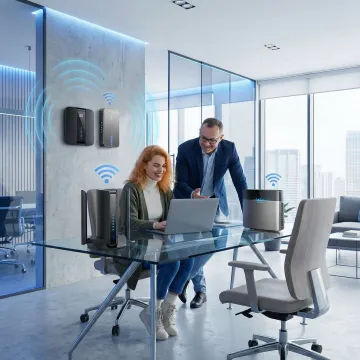 Enterprise 5G network infrastructure with modern office environment and wireless connectivity