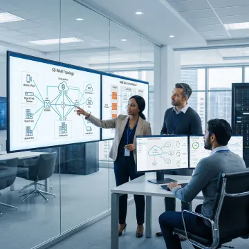 IT professionals reviewing SD-WAN architecture diagrams and SASE security frameworks on digital displays
