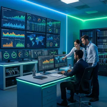 IT professionals monitoring business continuity systems in a modern command center
