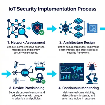 IoT security implementation workflow showing assessment, design, deployment, and monitoring phases