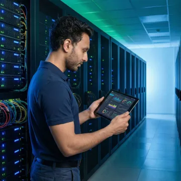 Server administrator reviewing monitoring dashboard in secure data center environment
