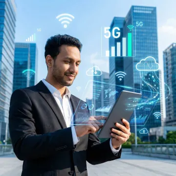 Business professional using tablet with wireless connectivity icons overlay