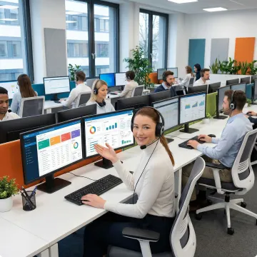 Modern cloud call center with agents using headsets and dual monitors displaying customer analytics dashboards