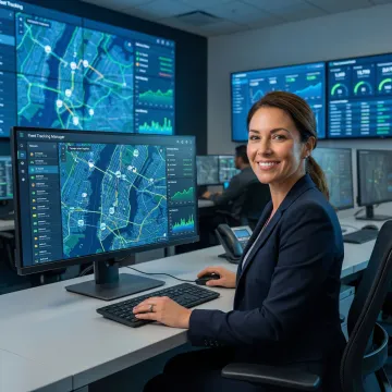 Fleet manager reviewing real-time GPS tracking dashboard on tablet