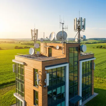 Rural business facility with modern internet connectivity infrastructure and satellite equipment