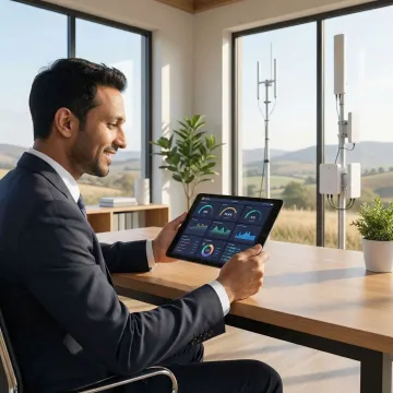 Business owner reviewing connectivity performance on tablet at rural location